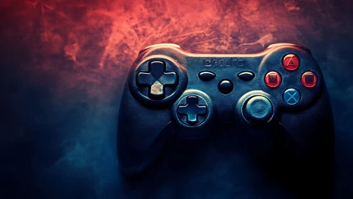 Gaming controller rendered against abstract colored smoke background.