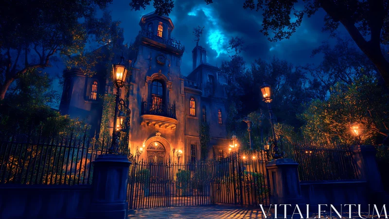 Moonlit manor brooding behind iron gates and ghostly glow.