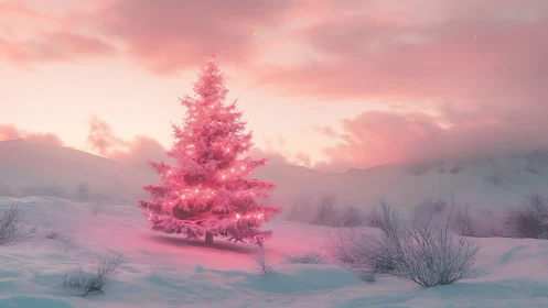 Pink winter Christmas tree glowing in a dreamy snowfall.