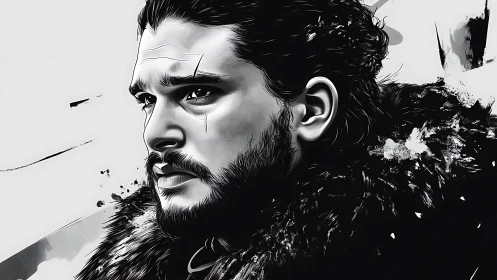 Monochrome digital portrait of fur clad male figure profile.