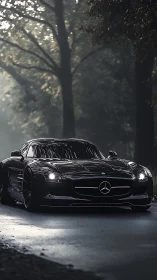 Midnight Mercedes supercar glides through a misty forest road