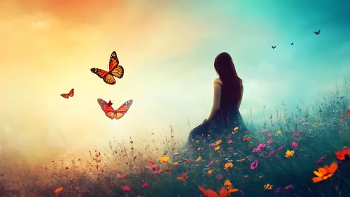 Girl in twilight meadow watches drifting orange butterflies.