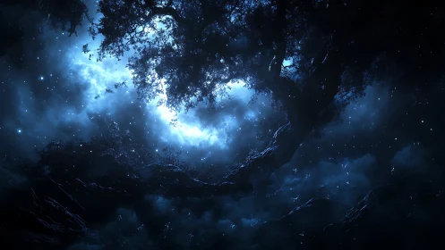 Nocturnal celestial canopy with silhouetted arboreal structure.