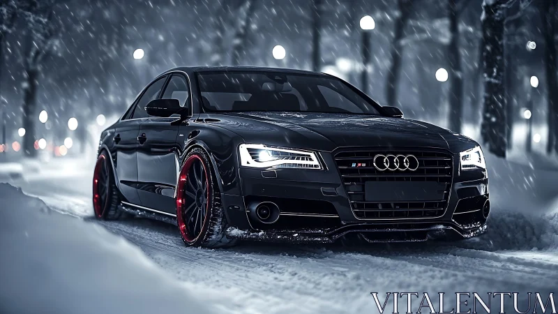 Photorealistic black sedan in cinematic snowy night street scene.