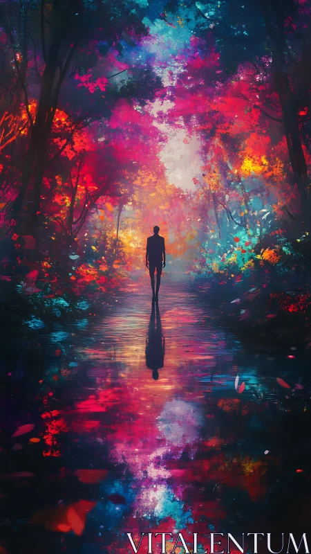 Solitary dreamwalker in a neon painted forest of echoes.