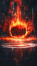 Massive fire sphere erupts through urban downtown cityscape