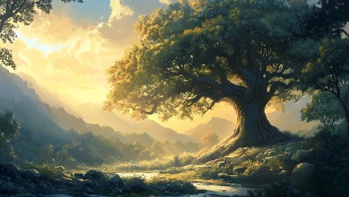 Large solitary tree in sunlit mountain valley landscape.