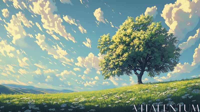 Solitary tree on sloping meadow under drifting clouds.