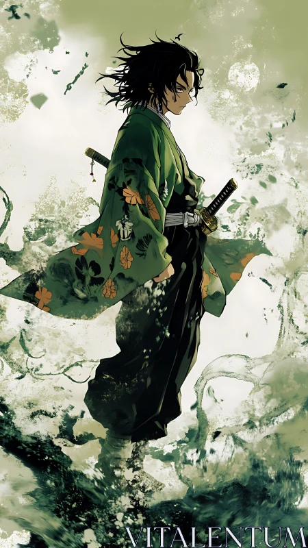 Samurai in hydrodynamic swirl with floral-patterned haori.