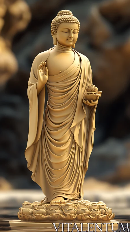 Rendered standing Buddha statue exhibits detailed drapery