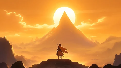 Heroic silhouette confronts sunlit peak in warm gradient sky