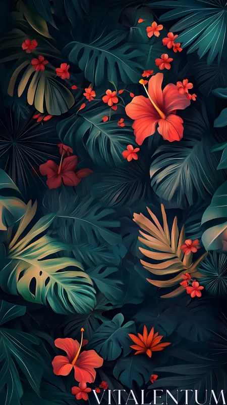 Tropical Blooms Among Dark Foliage Illustration.