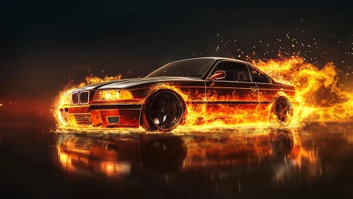 Sports coupe erupts in controlled flames on reflective ground