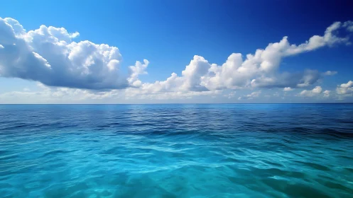 Calm tropical ocean horizon meets deep blue sky with clouds