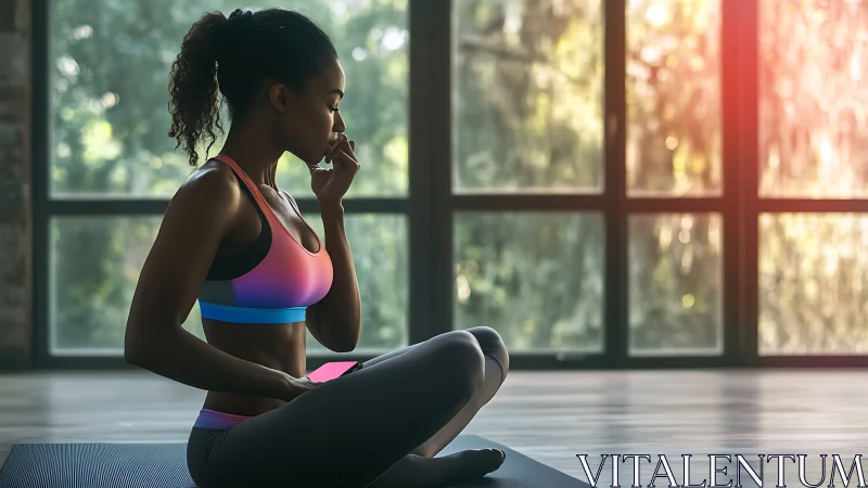 Controlled breathwork in seated yoga pose by window light.