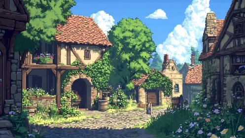 Sunlit pixel village lane glows with rustic summer charm