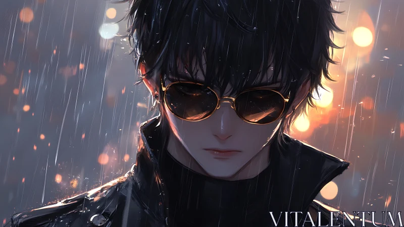 Rainlit loner in mirrored shades, drowning in city embers.