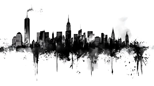 Monochrome city skyline emerges from bold ink splashes.
