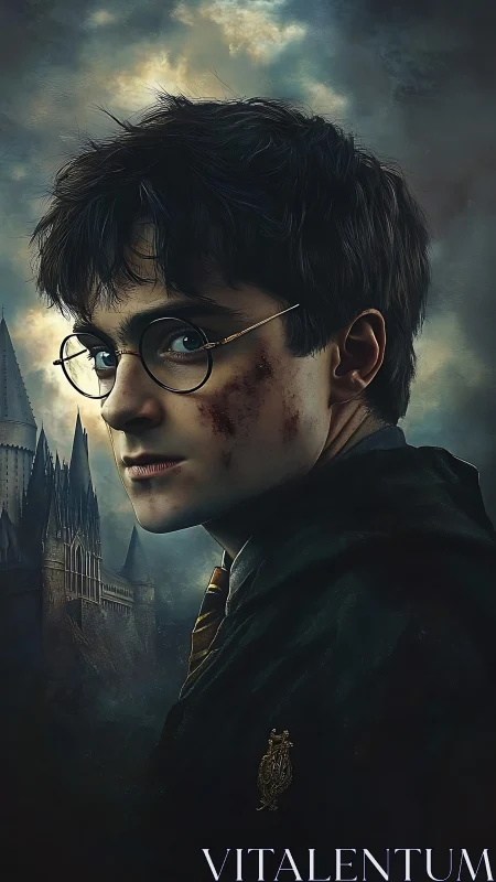 Photorealistic young wizard portrait with gothic castle backdrop.