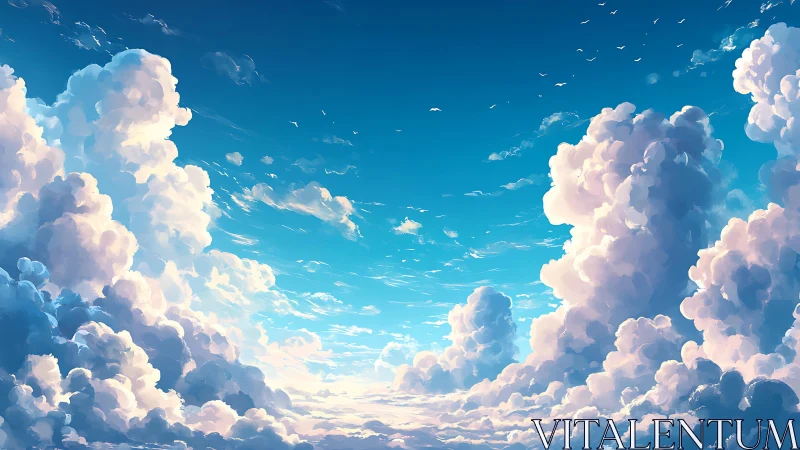 Towering cumulus clouds rise into a bright blue sky