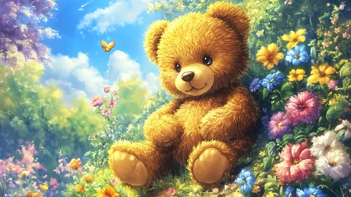 Sunny teddy bear resting amid vibrant spring blossoms.