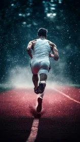 Sprinter driving through rain on glowing red track at dusk.