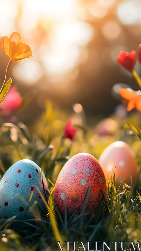 Colorful Easter eggs glow in soft golden spring sunlight