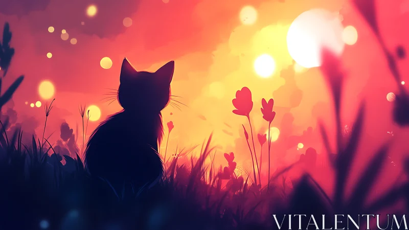 Silhouette cat observes glowing sunset meadow in profile