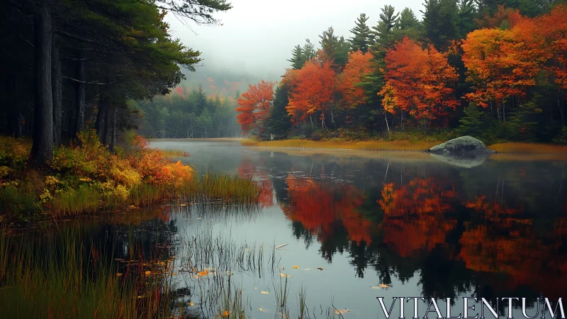 Autumn forest shoreline reflected in calm misty lake surface.