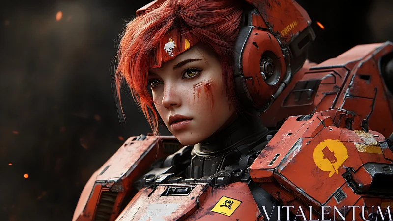 Battle-scarred redheaded mech pilot stares through drifting embers