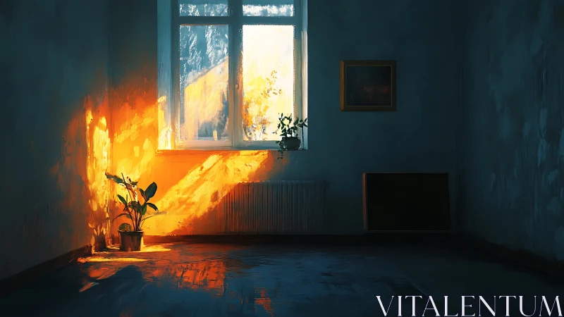 Interior scene shows sunlight illuminating potted plants