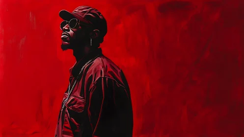 Side profile of man in red clothing on red background.