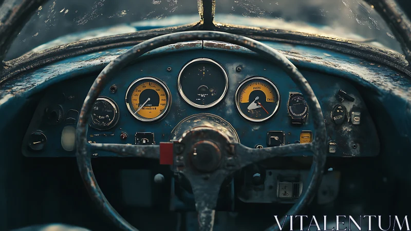 Rusty vintage car dashboard with worn steering wheel view.