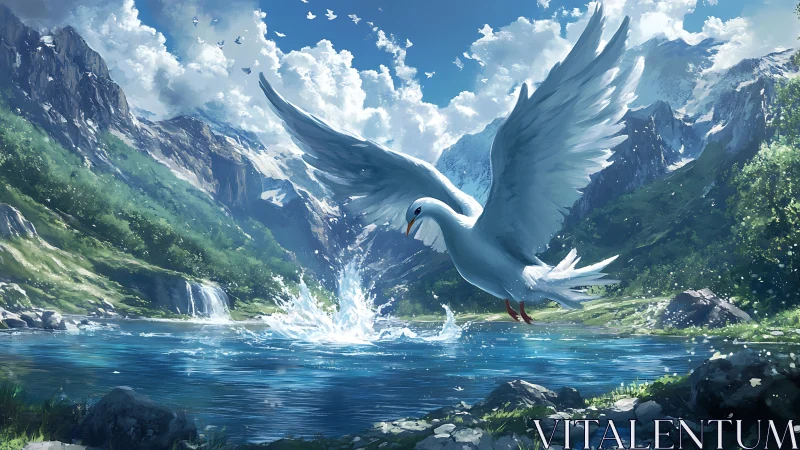 White dove soars above crystal mountain lake in sunlight