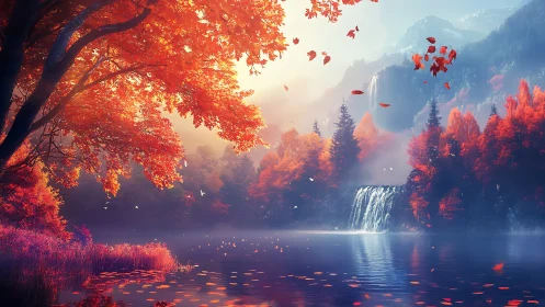 Autumnal lake with waterfall, mist, and distant mountains.