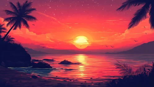 Digital coastal sunset scene depicts stylized tropical shore