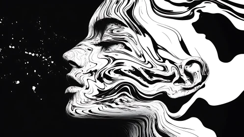 Monochrome fluid portrait with liquified contour profiles in motion.