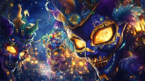 Midnight carnival masks glowing with electric festival magic.