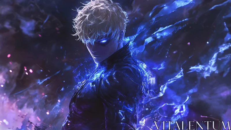 Male figure with glowing blue energy in cosmic field.