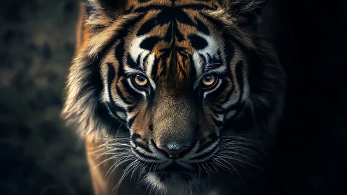 Tiger stares directly forward in low key dramatic lighting