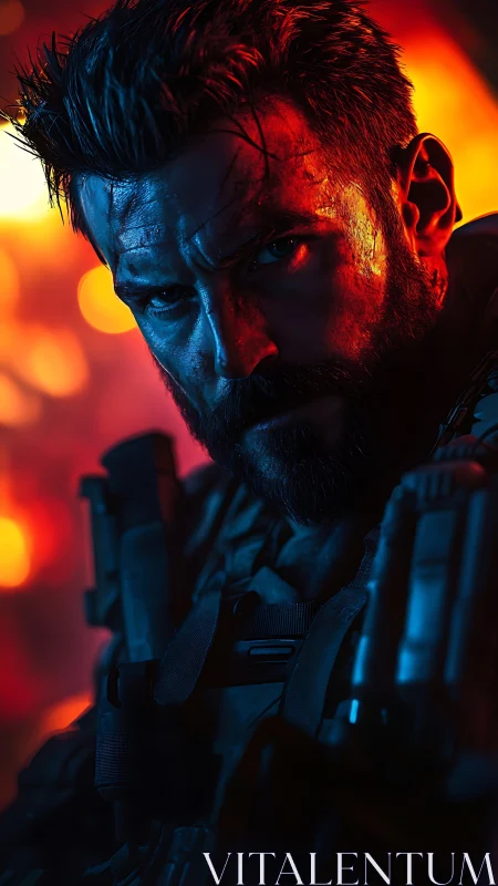 Armored soldier in intense red and blue dramatic lighting.