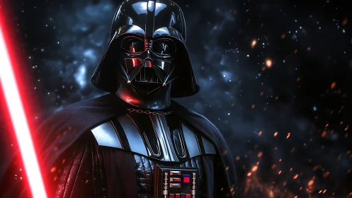 High-gloss black armor with red energy blade in space embers field