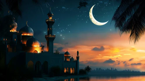 Mosque silhouette at dusk with crescent moon and city skyline.