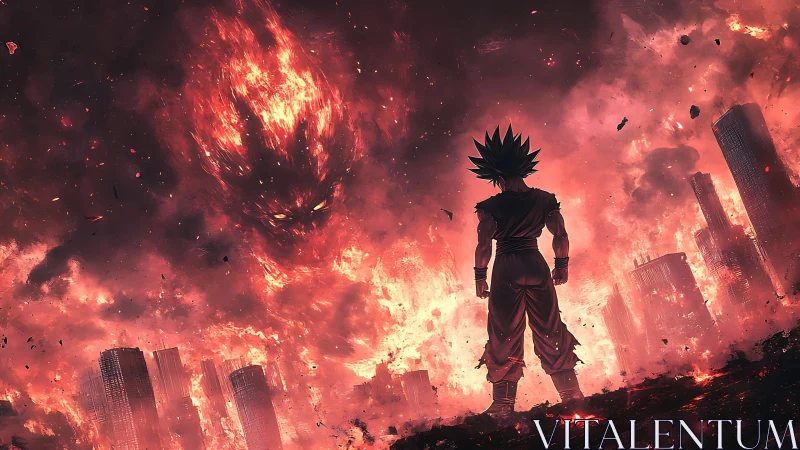 Fiery warrior calmly confronts a colossal burning sky demon