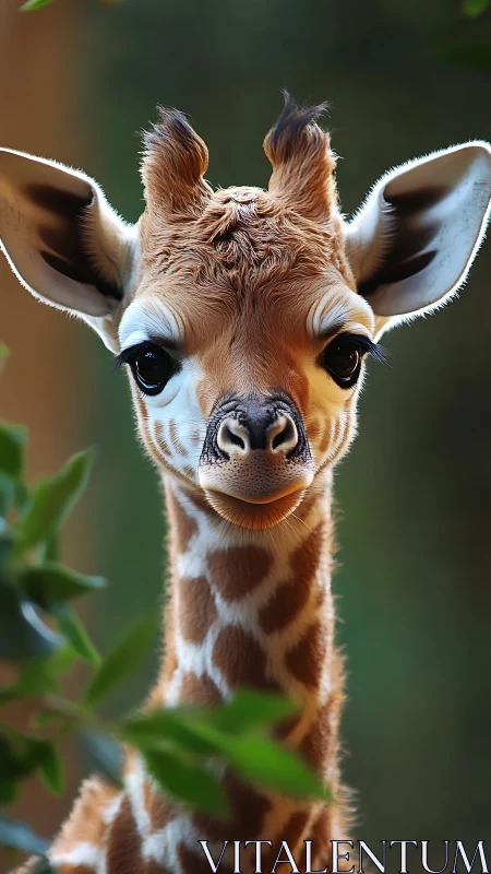 Bright eyed baby giraffe sharing a gentle forest hello.