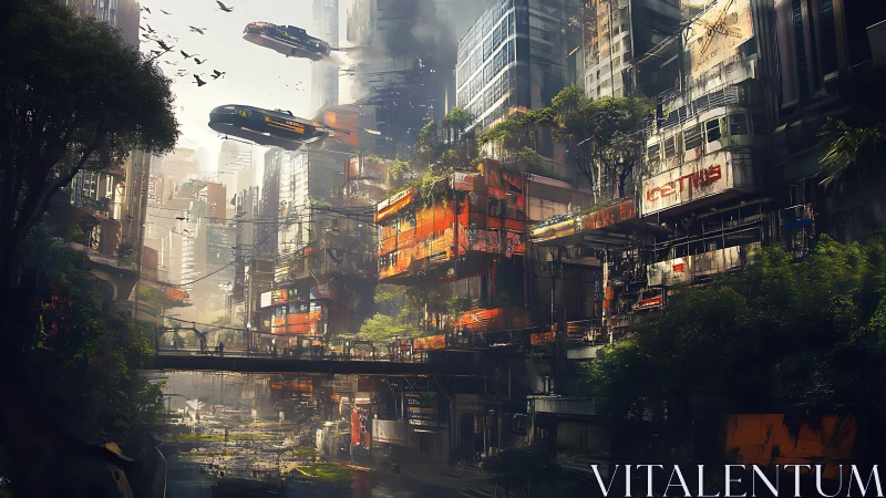 Biophilic megacity canyon with modular hover-lane transit matrix.