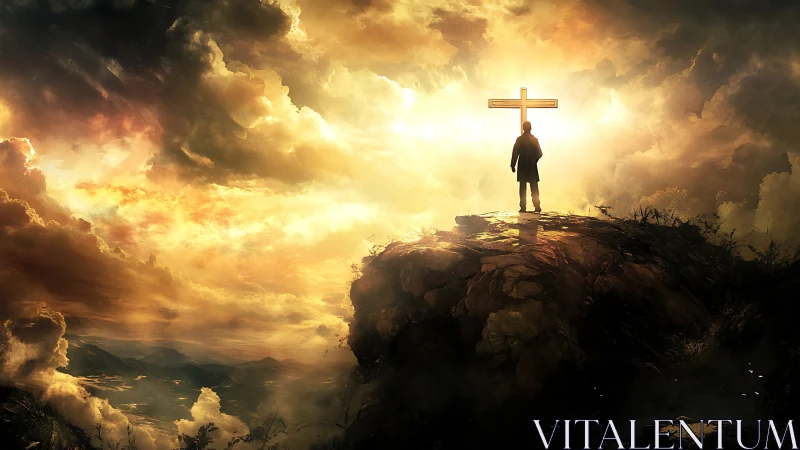 Golden sky glows around a lone figure standing by a cross
