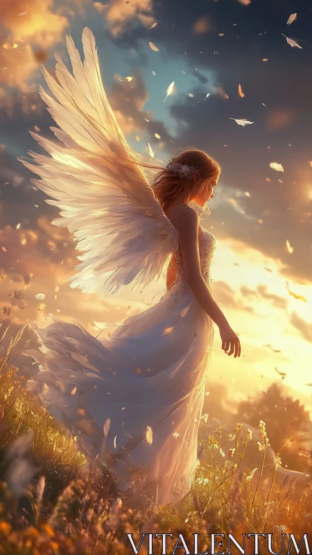 Sunlit winged woman in flowing gown at golden hour meadow
