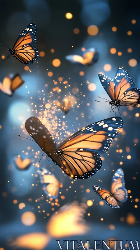 Monarch butterflies in blue bokeh light with glowing dust.