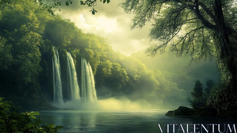 Soft morning light pours over emerald falls and misty river